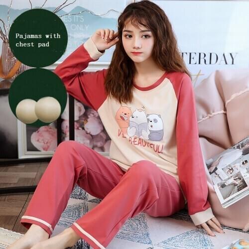 Autumn Women Pajamas With Chest Pad Knitted Cotton Female Pajama Set Cartoon Print Long Sleeve Casual Plus Size Sleepwear Suit