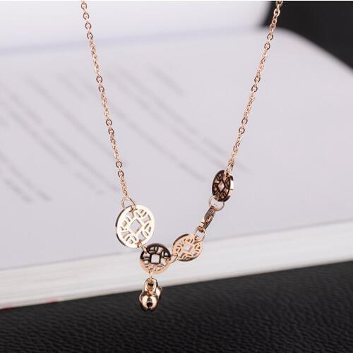 Rose gold titanium steel necklace, Anti-allergy and non-discoloration, Coin bell titanium steel clavicle necklace