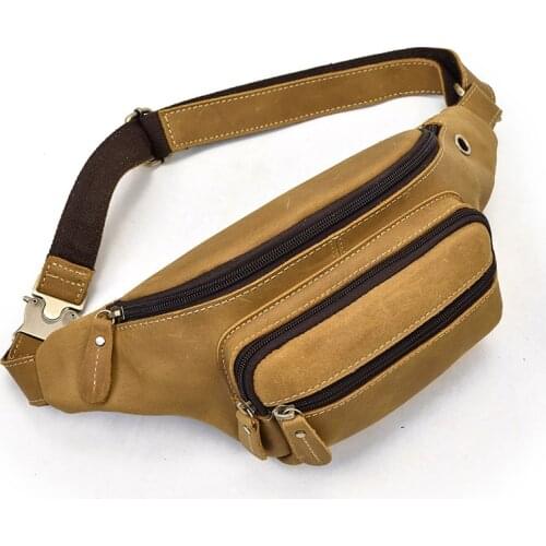 Crazy Horse Leather Waist Pack with Earphone Hole Fanny Pack Leather Belt Pouch Men Casual Cowskin Waist Bags of Male