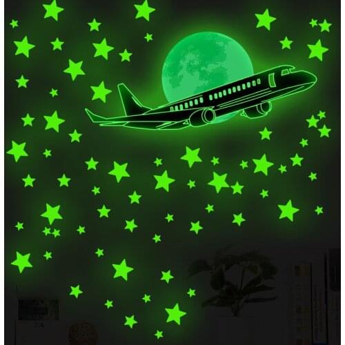 Airplane Stars Moon Luminous Wall Sticker Living Kids Room Bedroom Home Decoration Decals Glow In The Dark Combination Stickers