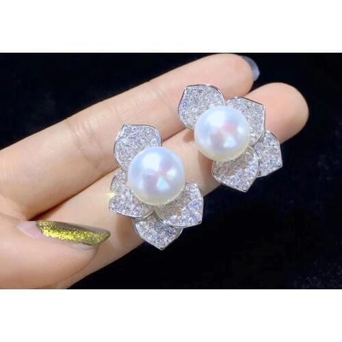 11-12MM natural fresh water pearl stud earring 925 sterling silver with cubic zircon leaf stud earring fine women jewelry