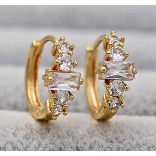 Trendy Gold Copper Plated Round Hoop Earrings White Square Cubic Zirconia Stone For Women Fashion Jewelry Accessories Gift