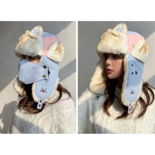 Embroidery cartoon Lei Feng hat Russia ear-flapped hat women bomber hats thick warm outdoor winter hat