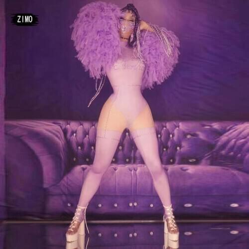 Rhinestones Jumpsuit purple Big Stretch Costume Womens Party bar Outfit Stage Singer Show Wear headpiece Big sleeves Drag queen