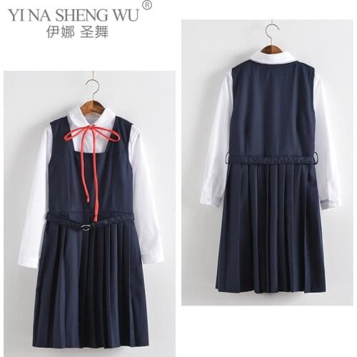 Japanese School Uniform Class Costumes Girls Navy Sailor School Uniforms Cosplay Suit Round Neck White Shirt+JK Pleated Dress