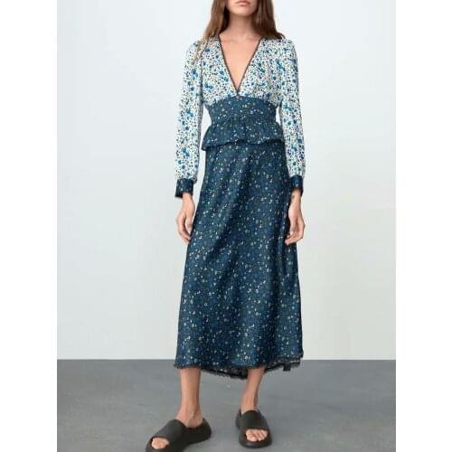 Womens skirt Za blue flower long skirt womens lace high waist MIDI shirt fashion cotton core a series elegant summer skirt