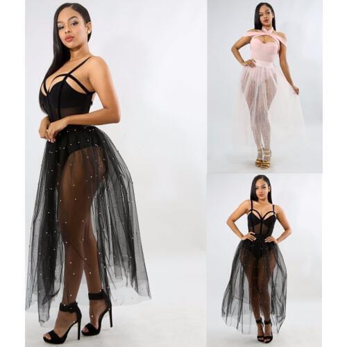 Vintage Women Beading Tulle Skirts 2018 Summer Mesh Black White Pearl Elastic Waist Sheer Pleated Skirts Fashion Bottom Clothes