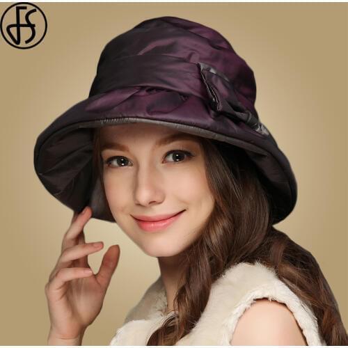 FS Wide Brim Winter Hats For Women Foldable Warm Cap Elegant Bow Lady Vintage Church Chapeu Fedora Thicken Double Layer Hat