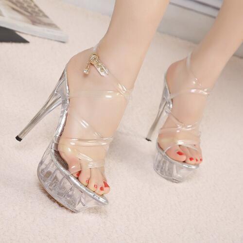 2017 new 14cm silver color women crystal sexy high heel sandals transparent crystal bottom open toe platform pumps free shipping