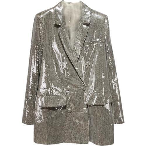 2020 Spring Blazer Women Fashion Sequins Double Breasted Long Sleeve Suit Jacket Streetwear Loose Ladies Casual Outwear D2056