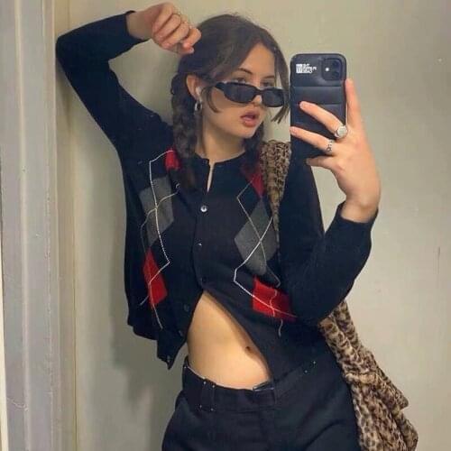 Vintage sweater argyle cardigan women