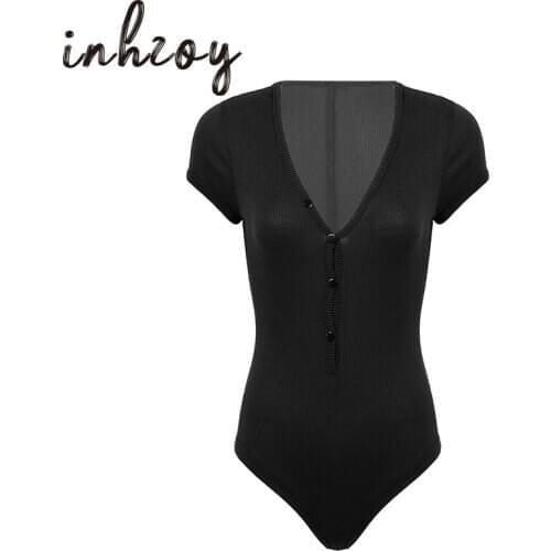 Women Sexy Deep V Neck Buttons Short Sleeve Black Bodysuit Shirt Autumn Fashion Solid Color Stretchy Bodycon Rompers Jumpsuits