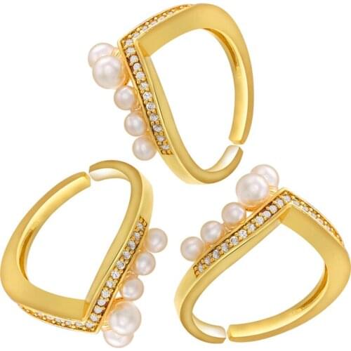 Western Style V Shape Freshwater Pearl Ring for Woman Cubic Zirconia Micro Pave Adjustble Party Jewelry Gifts anillos