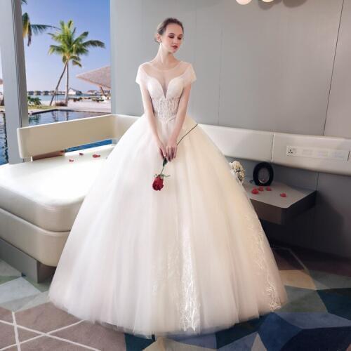 New 2021 Ball Gown Ivory Tulle Wedding Dress Sequined Illusion Embroidery Lace Vestido De Novia Princess Luxury Short Sleeves
