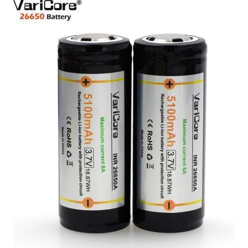 2 PCS .. VariCore Protection 26650 5100 mAh 3.7 V Lithium Ion Rechargeable Battery with PCB 8A 3.6V Battery for Flashlight