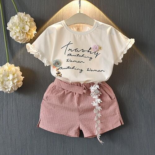 2021 Summer Girls Clothing sets Childrens clothing Girl short Sleeve T-Shirt+Pant 2Pcs Lace Flower Clothes Suits 3-7 Years
