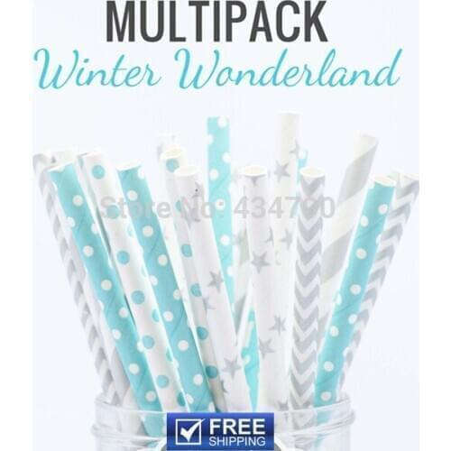 250pcs Mixed 5 Designs WINTER WONDERLAND Wholesale Bulk Paper Straws, Light Blue, Silver Striped, Chevron, Star, Mini Dot