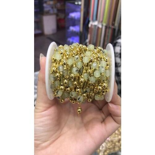 3M/packs Copper semiprecious stone jewelry making chain, green stone gold plated flat gems beads connector findings