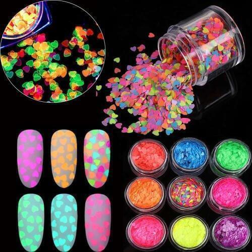 3g Eco-friendly PET 3mm Ultrathin Sweet Love Heart Nail Fluorescent Light Sequin Holographic Laser Glitter Sequins for Craft