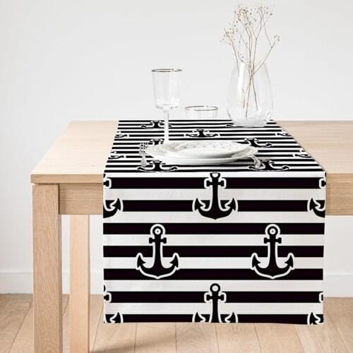 Realhomes On A White Background Black Striped Anchor Patterned Digital Printed Custom Design Suede Runner