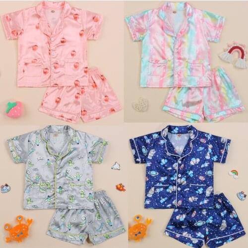 Kids Cartoon Patterns 2 Piece Nightwear Set Tailored Collar Short Sleeve Tops Pants Pyjama Set for Summer 1-6 Years