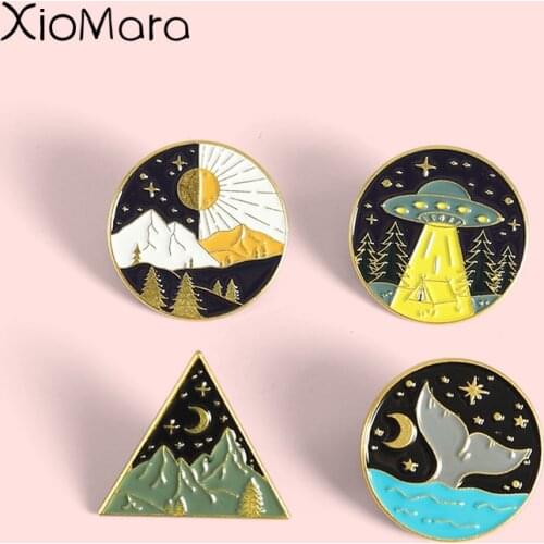 Ocean Mountains Rivers Whale Enamel Pins Outdoors Adventure Ufo Brooches Round Geometry For Women Lapel Pins Badge Jewelry Gifts
