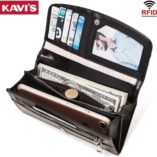 KAVIS RFID Blocking Genuine Leather Long Clutch Women Wallet Fashion Style Female Handy Vallets Portomonee Clamp For Phone Bag