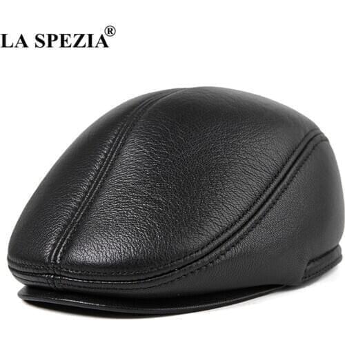 LA SPEZIA Winter Flat Caps Beret Men Black Warm Duckbill Hat Ivy Male Earflaps Thicker Genuine Leather Solid Classic Driving Cap