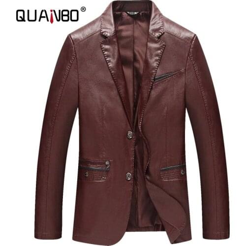 QUANBO Fashion Casual Mens Leather Jacket New Spring Autumn Top Quality High imitation Suit Collar Sheep skin Thin Leather Coat