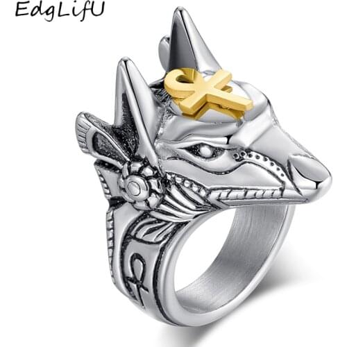 EdgLifU Retro Anubis God self-defense Titanium Stainless Steel Cross Ring Ancient Egyptian Death Wolf Head Ring jewelry For Men