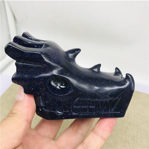 Natural Blue Sand Stone Crystal Dragon Head Skull Hand Carved Reiki Healing Chakra Stone Home Decoration Collection