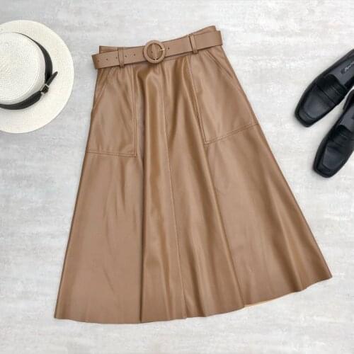 New Autumn Winter PU-leather Long Skirt with Belt Pocket High Waist Vintage A-line Skirt Chic Mid-calf Umbrella Skirts 2021