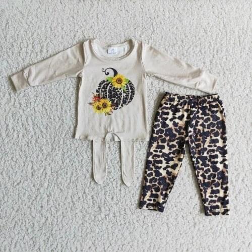 Wholesale Baby Girl Thanksgiving Clothing Bandage Long Sleeve Pumpkin Sunflower Shirt Leopard Bells Pants Set Kid Outfit Clothes