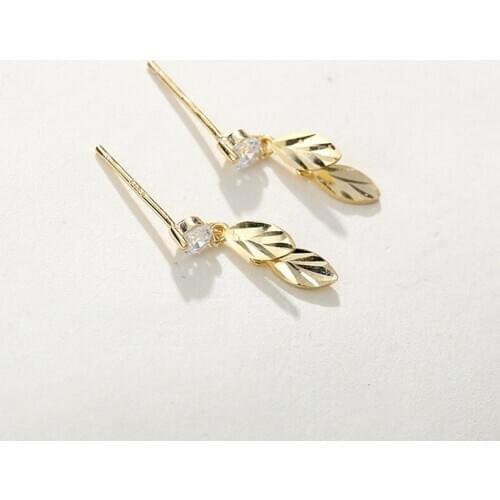 Genuine 925 Sterling Silver Golden Leaves Stud Earrings Girl Student Sweet Cute Earring Temperament Wild Jewelry
