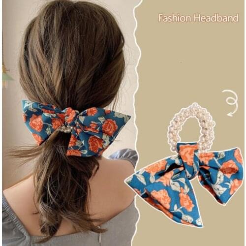 New ChiffonBowknot Pearl Elastic Hair Bands For Women Girls Solid Scrunchies Headband HairTies Ponytail Holder Hair Accessorie