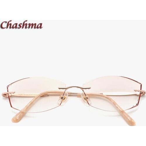 Rhinestone Titanium Frame Gray Red Lenses Rimless Glasses Light Frame Women Gradient Glass Prescription Graduation Glasses