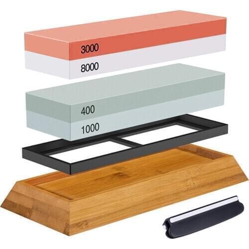 2-in-1 Sharpening Stone Set 400/1000 3000/8000 Grit Waterstone Knife Sharpener with Wooden Holder Knife Guide For Kitchen Tool