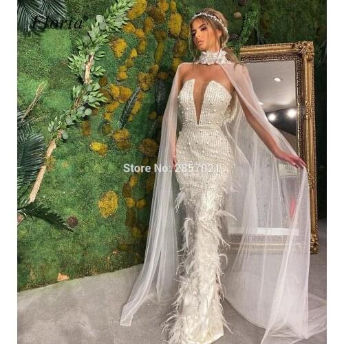 2020 Handmade Sewing Evening Dresses Mermaid Two Pieces Elegant Evening Gowns White Feathers Prom Dresses Vestidos De Fiesta