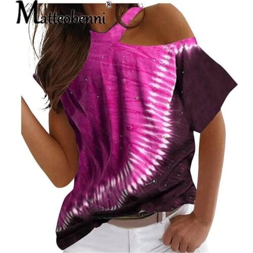Ladies Tie Dye Short Sleeve Off Shoulder Top Women Fashion Tie Dye Printed Loose Shoulder Casual Short Sleeve Casual T-Shirt Top