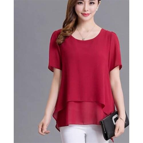 Short Sleeve Chiffon Women Shirts 2020 Summer Office Work Tops Elegant Lady Shirt Solid O-Neck Women Blouses Large Size M-8XL