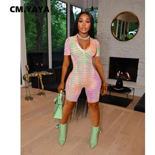 CM.YAYA Women Playsuit Print Short Sleeve V-neck Hold Stretchy Skinny Playsuits Casual Rompers One Piece Overalls Summer Outfits