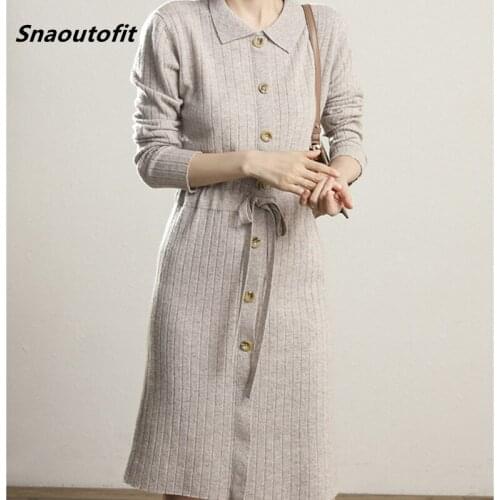 Snaoutofit Autumn Winter New Woolen Sweater Women POLO Collar Pullover Pure Color Long-Sleeved Mid-Length Knitted Skirt