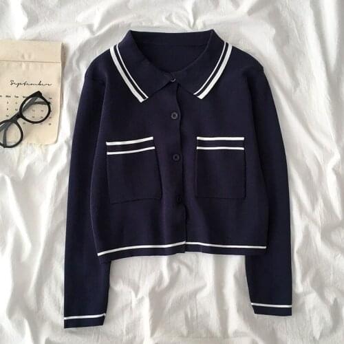 Korean All-match Color Contrast Knitted Cardigan Women Loose Polo Collar Long Sleeved Crop Top