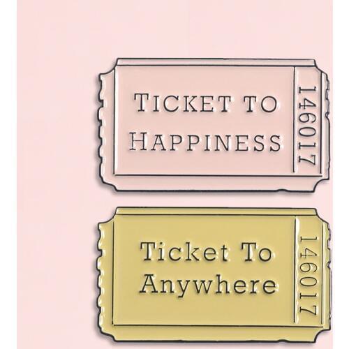 Cartoon Badges Movie Tickets Brooches for Women Letter TICKET TO HAPPINESS Ticket To Anywhere Enamel Pin Backpack Jewelry Gifts