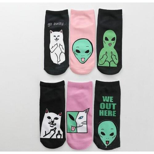 1 pair of Halloween ladies cotton socks art funny alien planet creative funny 3D cartoon cat breathable boat socks couple socks
