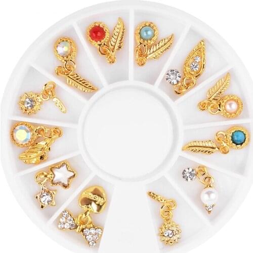 12pcs Fashion Nail Art Metal Feather Charm Gold Pendant Rhinestone Decoration Wheel 3D DIY Jewelry Diamond Manicure Accessories