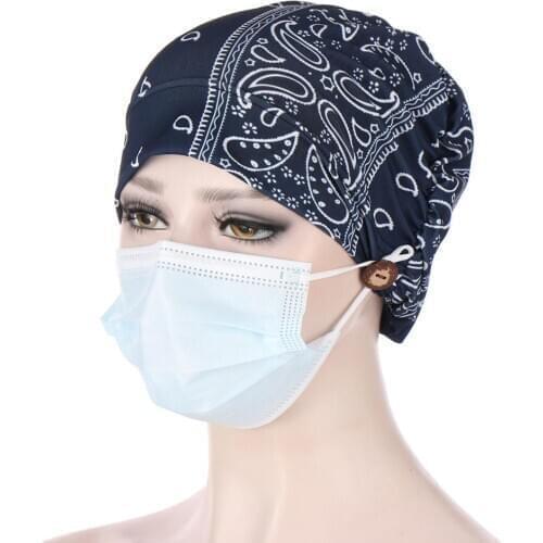 2021 Fashion Muslim Print turban hat for women Fashion button linen Inner Hijab caps wrap head scarf ready to wear hijabs bonnet