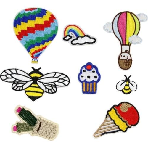 100pcs/lot Decorative Embroidery Patches Biker Badges Hot Air Balloon Cactus Bee Rainbow Ice Cream Clothing Sewing Accessories