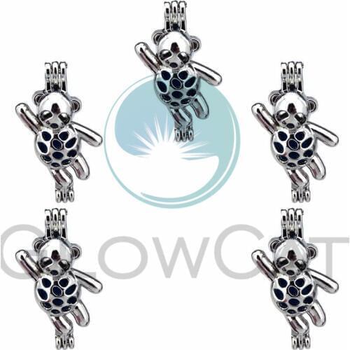 5X Little Bear Pearl Cage Jewelry Findings Cage Locket Pendant Essential Oil Diffuser Locket For Oyster Pearl Necklace