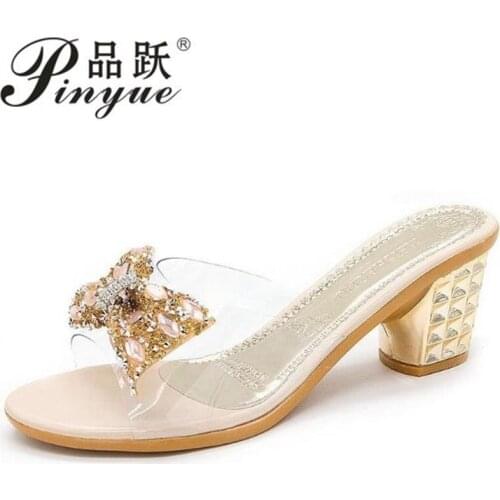 Summer Womens Rhinestone Crystals Heels Peep Toe Sandals sexy Clear Heels Slippers Square Heeled Ladies shoes pumpl Sandals